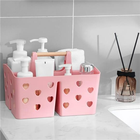 Pink Plastic Shower Caddy Tote Organizer with Handle Dorm Bathroom Storage Bin - Picture 2 of 7